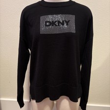 Women  s DKNY Black silver bling logo Pullover Sweater Top Medium New