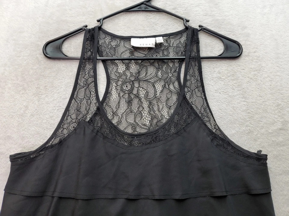 Camiseta sin mangas Kenar para mujer grande negra de encaje poliéster plisada sin mangas cuello redondo Foto 4 de 4