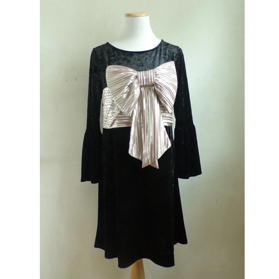 Xhilaration Fancy Dress SIze Medium Black Velour Silver Bow Holiday Party Shift - Image 2 of 4