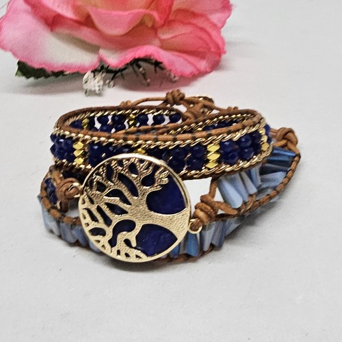 Blue Bracelet Tree of Life Lapis Lazuli Crystal Glass Beaded Beige Leather Wrap - Picture 2 of 18