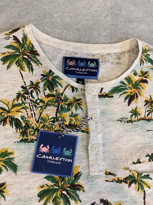 NWT Charleston Threads Mens 70 Grey Tropical Short Sleeve Button Up Shirt Size M