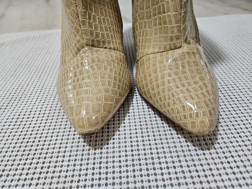 Boohoo Botines Para Mujer Talla 5 Tacón Bloque Cocodrilo Repujado Beige Imitación Cuero Foto 4 de 4