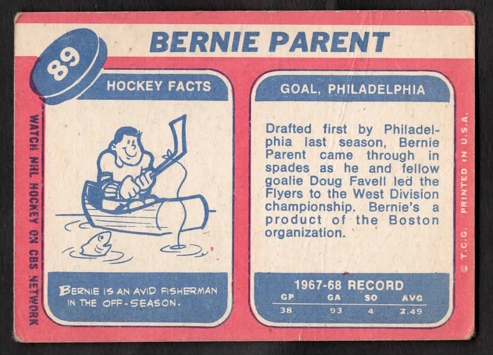 1968-69 Bernie Parent Topps Hockey Rookie RC Flyers #89 - Image 2 of 2