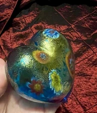 Cobalt Blue Art Glass Heart with Encased Gold Overlay and Floral Canes