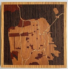 Wood inlay map San Francisco wood cut