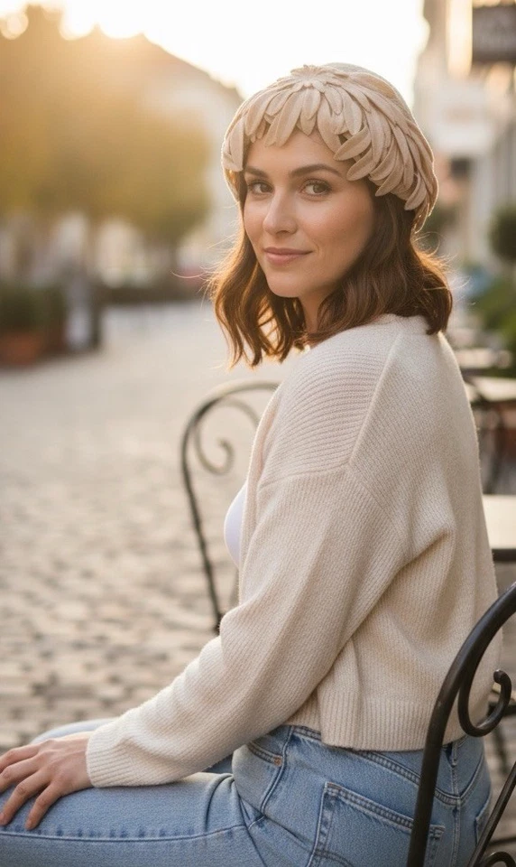 Vintage 1940/1950's Casque Style Taupe Headband Hat Feathered Leaves One Size - Image 2 of 2