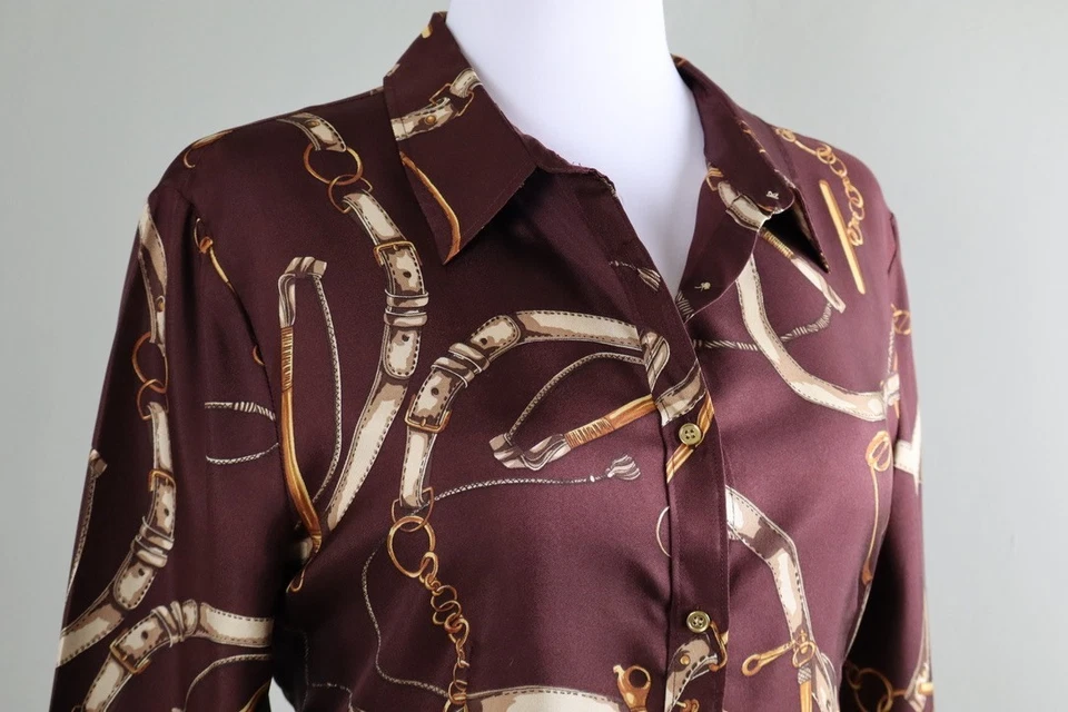 Camisa Top TALBOTS $148 Marrón Satinado 100% Seda Ecuestre Abotonada Talla 14 Foto 3 de 4