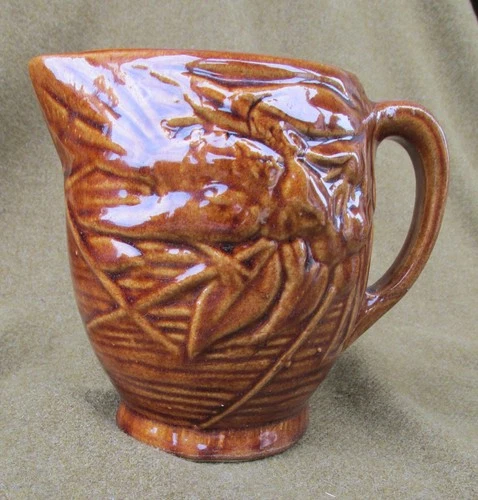 Vintage Unsigned Brush McCoy Art Pottery Water Lily Pitcher Gloss Brown