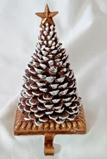 VTG PineCone Stocking Hanger Brn Heavy Metal Snow covered Christmas Tree Holiday