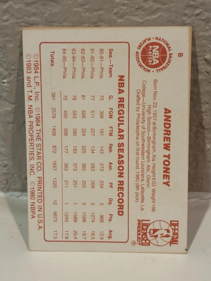 1985-86 Star Andrew Toney #8 Philadelphia 76ers NRMT - Image 2 of 2