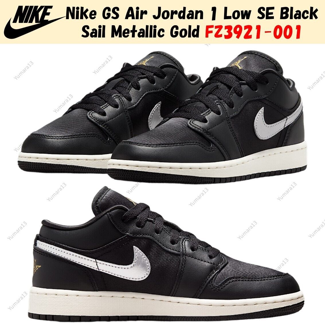 Nike GS Air Jordan 1 Low SE Black Sail Metallic Gold FZ3921 Nike GS Air Jordan 1 Low SE Black Sail Metallic Gold FZ3921