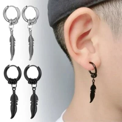 Orecchini Acciaio a Cerchio Pendente Piuma cerchietto Donna Uomo Vintage Punk