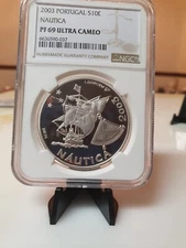 2003 Portugal  Ibero-America 10 Euros Silver Coin Ships Nautica NGC Graded PR69