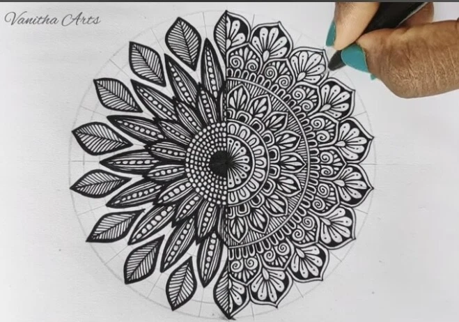 Hand Drawing Mandala-Black & White Original Unique Beautiful Flower Mandala  Art.