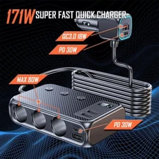 9in1 Multi Car Cigarette Lighter Socket Splitter USB C Plug Fast Charger Adapter