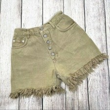 Vintage Gitano Faded Green Denim High Waisted Jean Shorts Fringe Hem Size 3/4