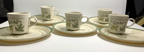 Rare Lot of 10 Vintage Corning Ware: 5 Herb Coffee Mugs and 5 Herb Saucers. USA.