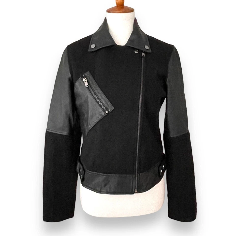 Chaqueta de motociclista de cuero y lana negra de pizarra y sauce para mujer talla mediana Foto 3 de 4