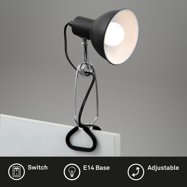 Klemmleuchte E14 8W Schwenkbar Kabelschalter Schreibtischlampe Schwarz Chrom-image