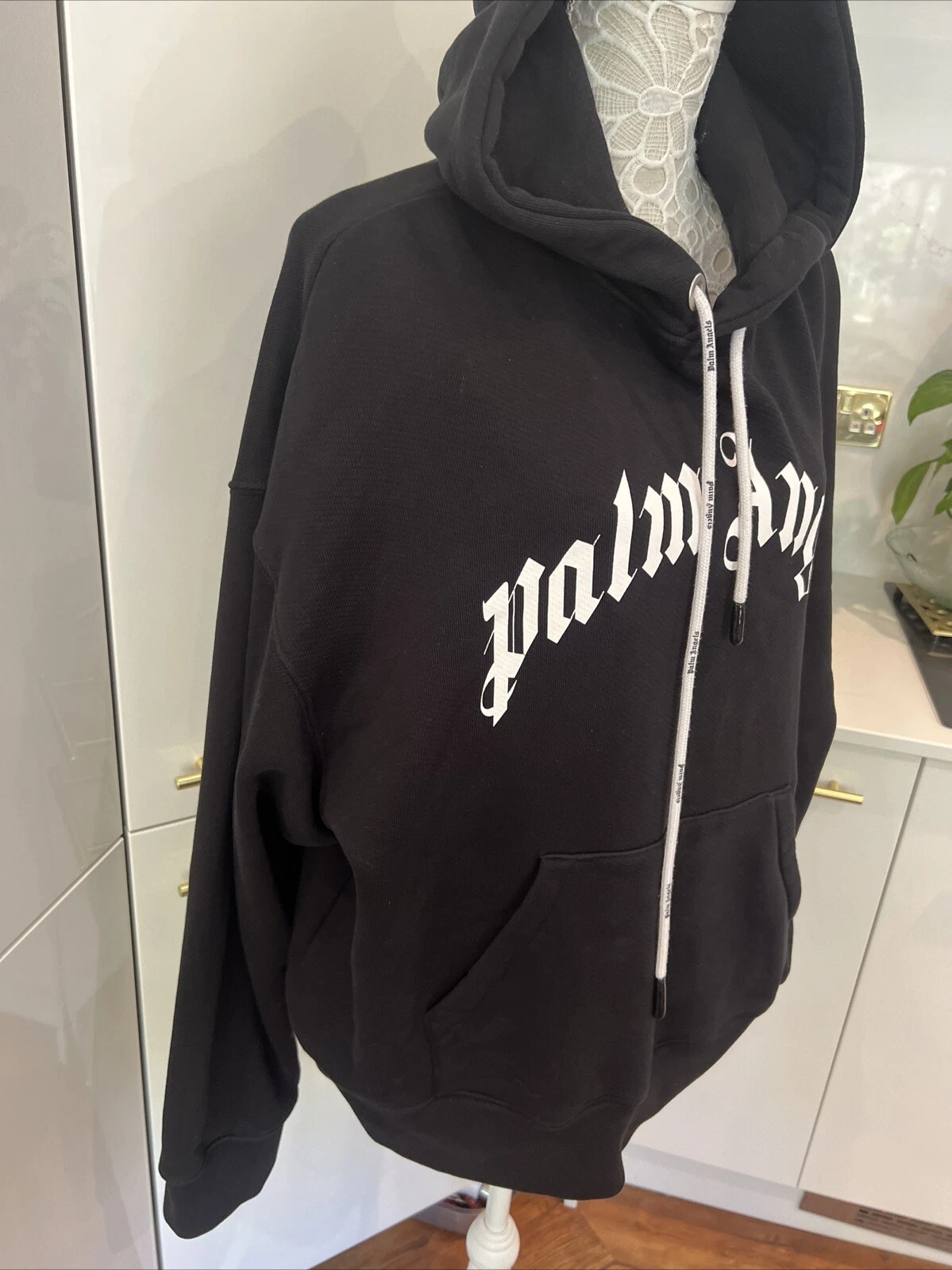 Felpa nera con cappuccio Palm Angels bianca logo coulisse nuova senza etichette taglia M oversize