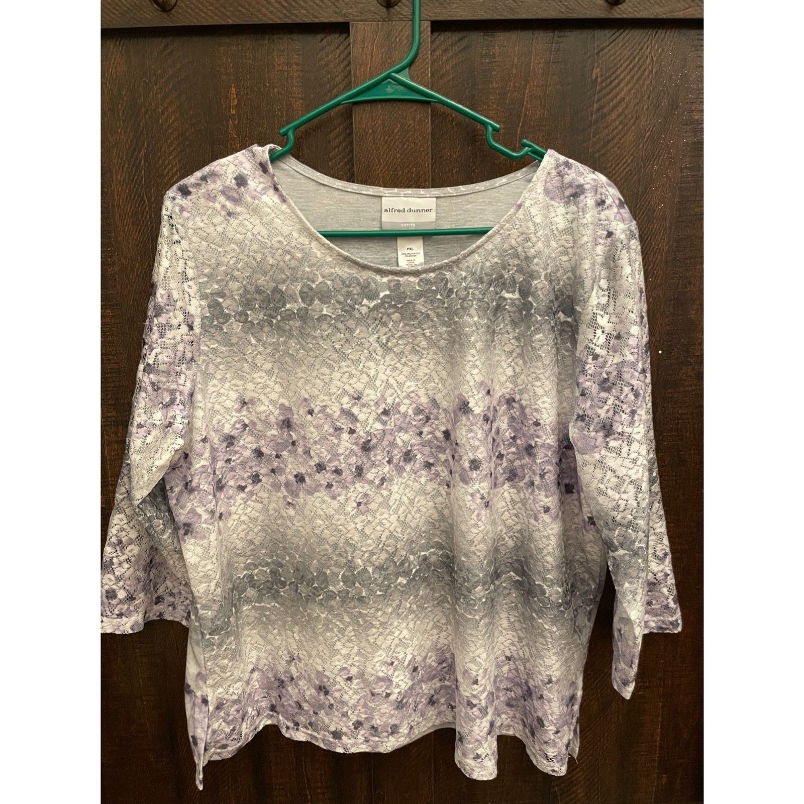 Alfred Dunner Petite XL Gray Lavender Floral Lace Print Top 3/4 Sleeve