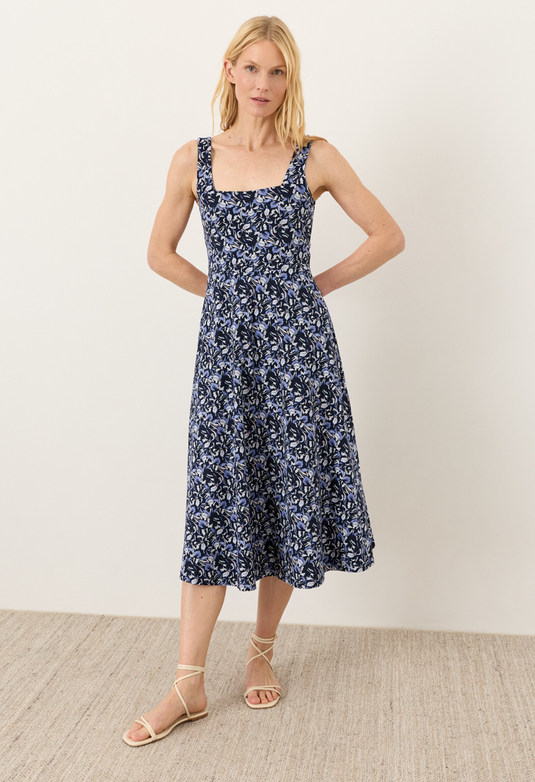 PACT Organic Organic Fit & Flare Square Neck Dress Paradise Petals Navy Blue New