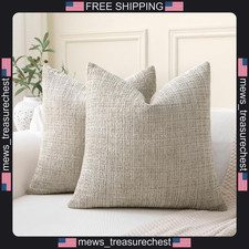 Chenille Pillow Covers 18x18 Set of 2 Beige Soft Couch Decorative Throw Pillows