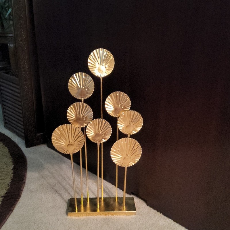 Gold Metal Abstract Disc Art Sculpture, Freestanding Decor, 24x18"