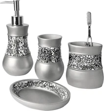 Elegant 4-Piece Crackled Glass Bathroom Accessory Set - Silver Finish
