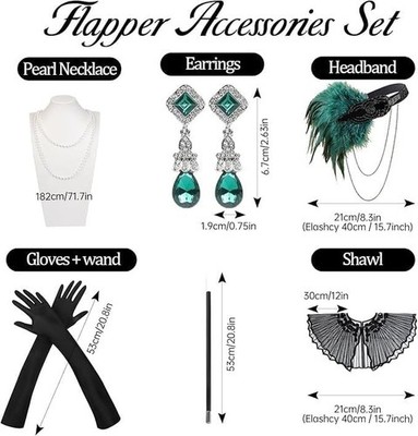 Topbelief 7-delige set 20s accessoires, kostuum voor dames uit de jaren 20, maffia kostuum voor dames, Great Gatsby accessoires met handschoenen, haarband, ketting, oorbellen, armband, sjaal, geschikt