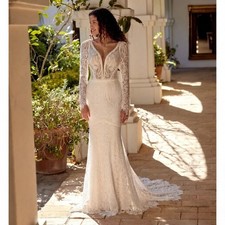 Vintage Lace Long Sleeve Wedding Dresses Deep V Mermaid Bride Gowns Customized