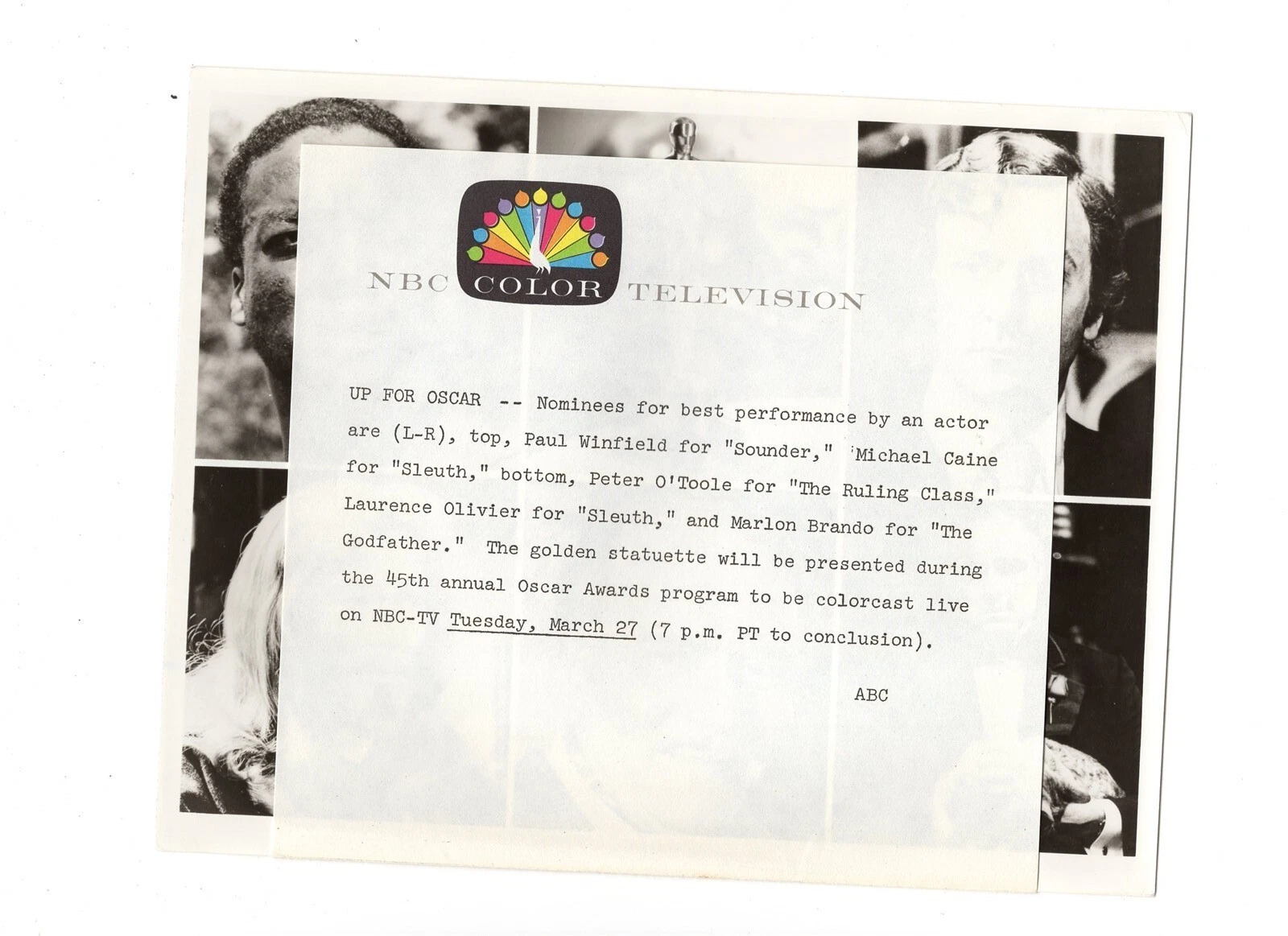 "9""x7"" B&W 広報写真 Pic NBC TV up for Oscar Marlon Brando the Godfather" - 画像1/3