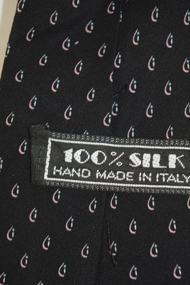 Neck Tie VTG 80s Hand Made in Italy Dangle Earing Foulard Black Silk 56" x 3.25" - Image 4 of 4