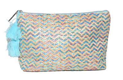 Lancome Blue Cream Zig Zag Straw Like Tassel Zip Pull Cosmetic Clutch Bag NWOT