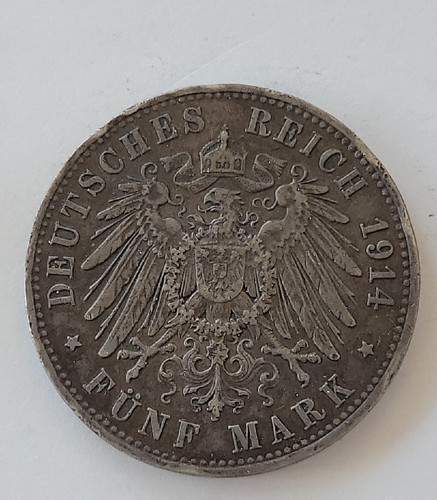 German A 1914 Prussia Funf 5 Mark Silver coin, Wilhelm II 1610 - Picture 2 of 2
