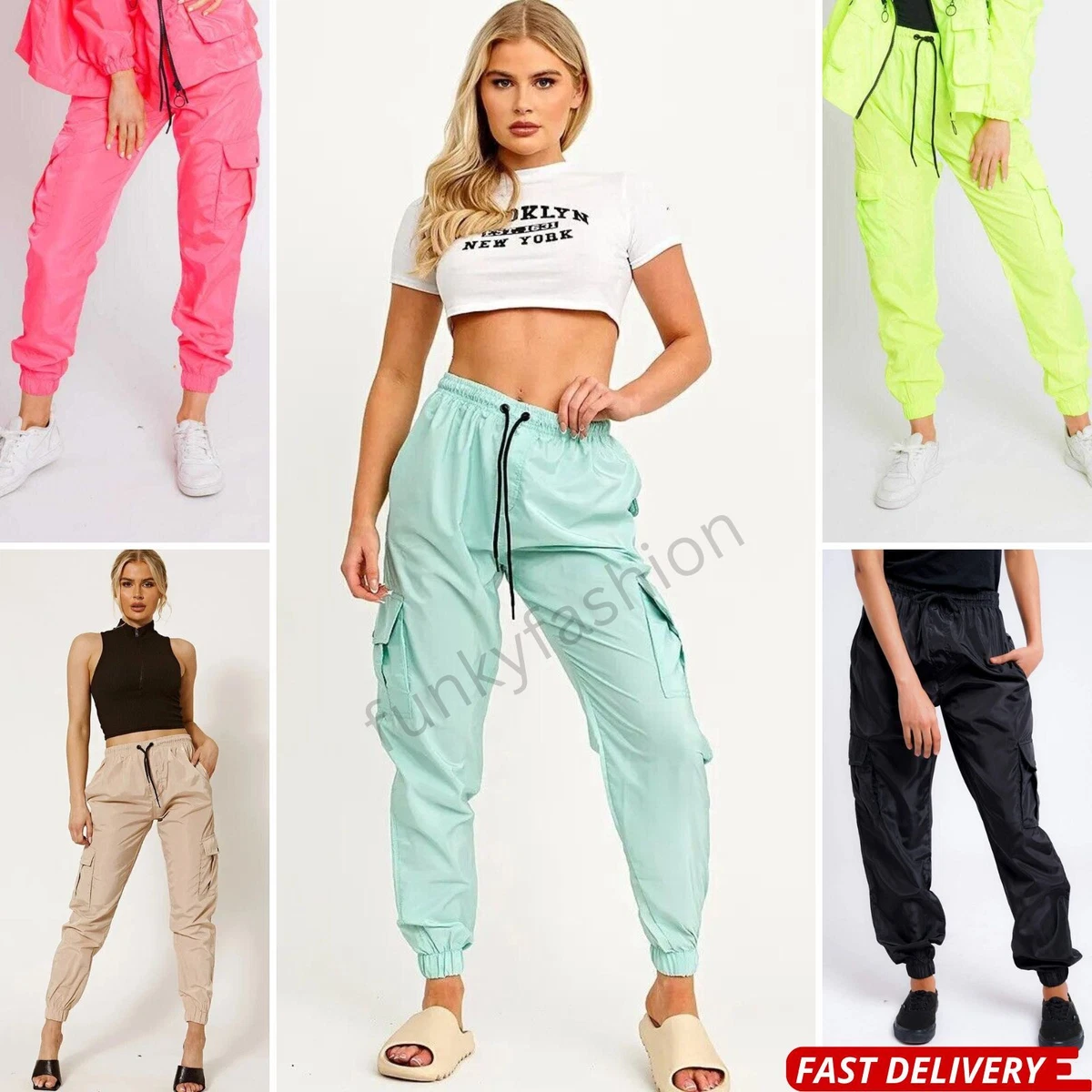 Ladies Women Neon Colours Shell Combat Cargo Slim Fit Sports Trousers 6-14