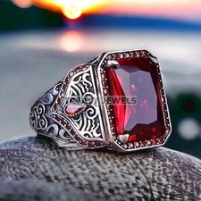 Garnet Emerald Cut Gemstone With 925 Sterling Silver Ring For Men's 658