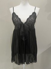 Victorias Secret Baby Doll Slip Dress Lingerie Lace Sheer Pleated Black Size L