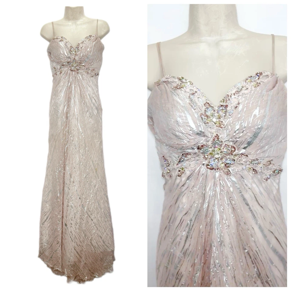 Vestido Formal Vintage Dave & Johnny Seda 1/2 Rosa Claro Metálico Cuentas Hada Foto 2 de 4