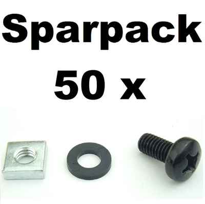 50 St. Rackschrauben M6 x 12 + Kunststoff Unterlegscheibe + Vierkant Rackmutter