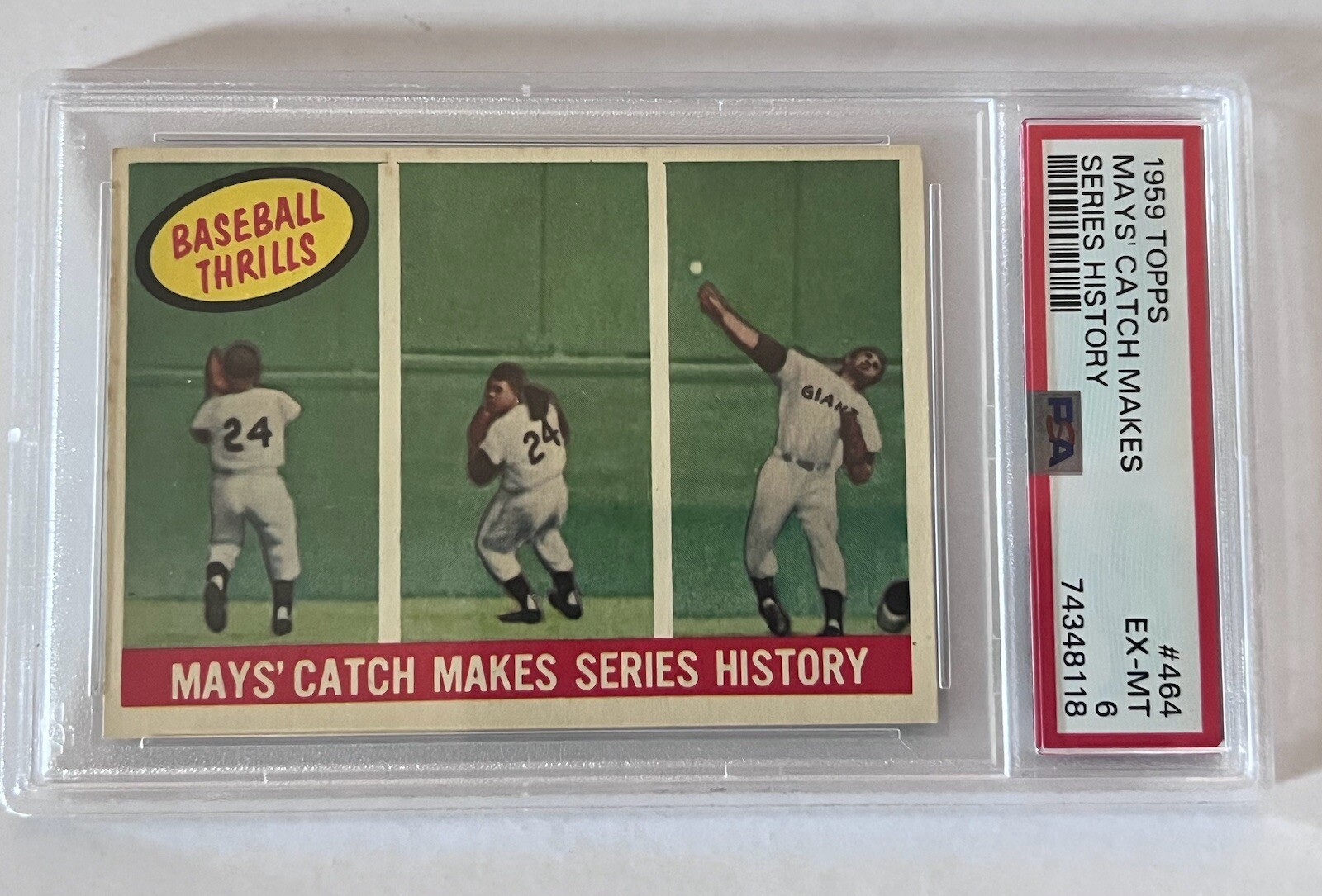 Willie Mays/Giants 1959 Topps Baseball Thrills Card #464 Mays' Catch PSA 6 HOF