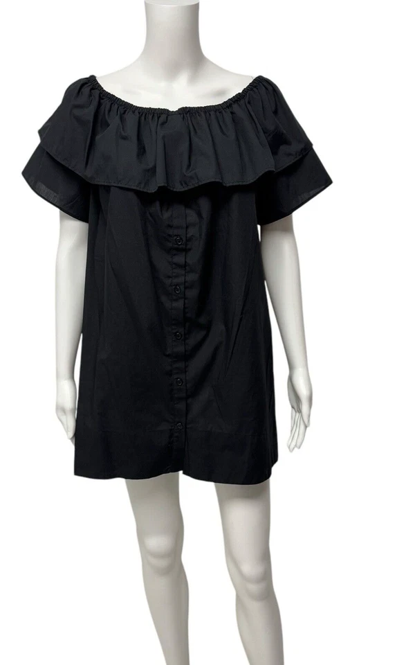 Bebe 意大利制造女式露肩荷叶边黑色衬衫连衣裙 L 码 — 第 2/4 张图片