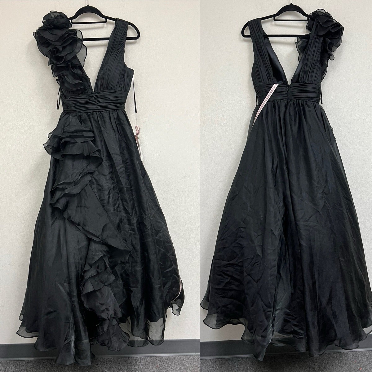 【Mac Duggal】黒フリルショルダーのロングドレス MAC DUGGAL RUFFLE SHOULDER V-NECK CHIFFON GOWN DRESS BLACK