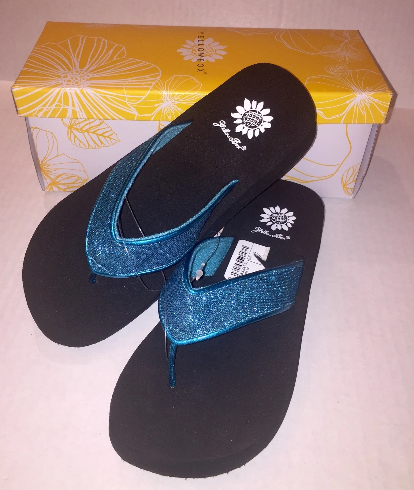Yellow Box Flip Flops Turquoise Teal Blue Glitter Sparkle Comfort Sandals Aidan
