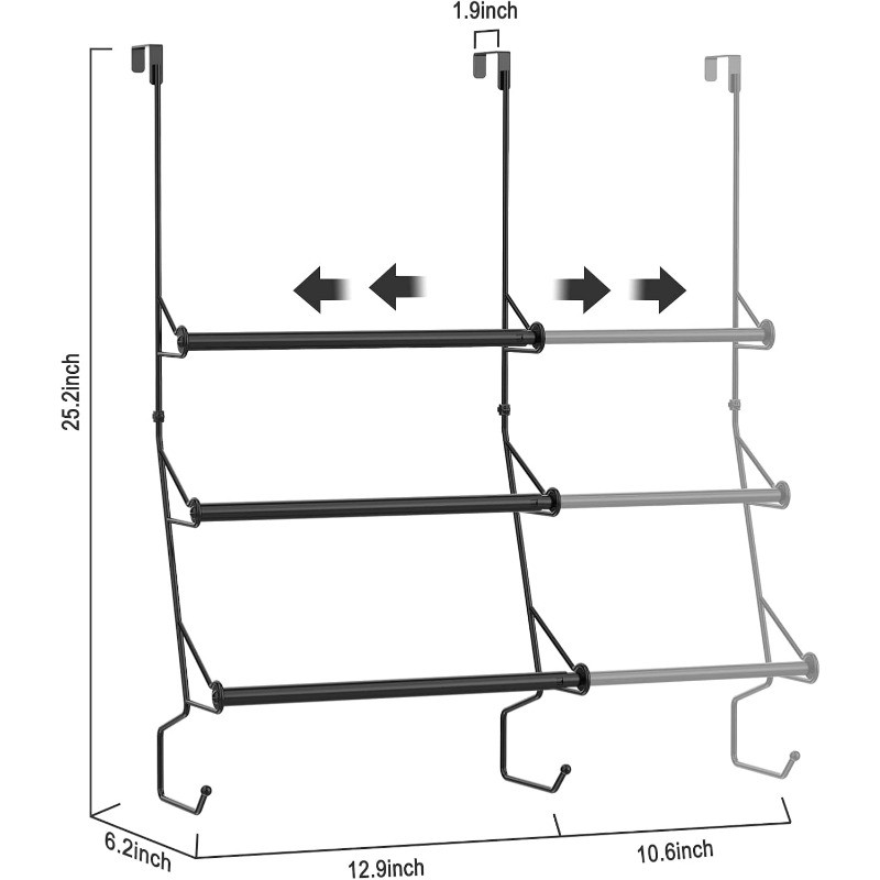 Over The Door Triple Towel Rack &Hooks Towel Bar Hanger for Bathroom Adjustable 
