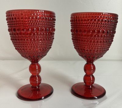 Set of 2 Vintage Art Glass Hobnail Ruby Red Water Wine Goblet Chalice 6 5/8'' S1
