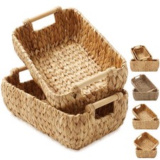 Oval Storage Basket Sets, Wood Handles, Wicker Hyacinth Seagrass Bin Organizers