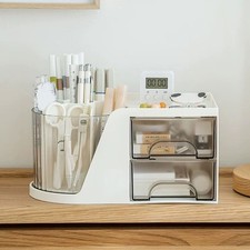 360 Rotating Desktop Organizer With Hidden Drawer For Makeup Brushes Office Supp