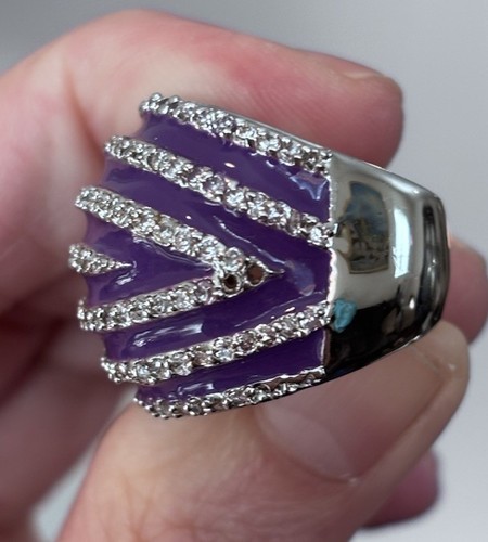 Rhodium, Designer inspiriert lila Emaille Kristalle schöner Vintage Ring. - Bild 3 von 7
