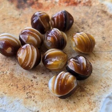 Rare Vintage Pressed Glass Beads | Textured Grooved Caramel & White | Set of 10